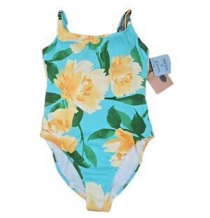 Shade & Shore Floral One Piece Swimsuit S Blue Yellow High Leg NWT